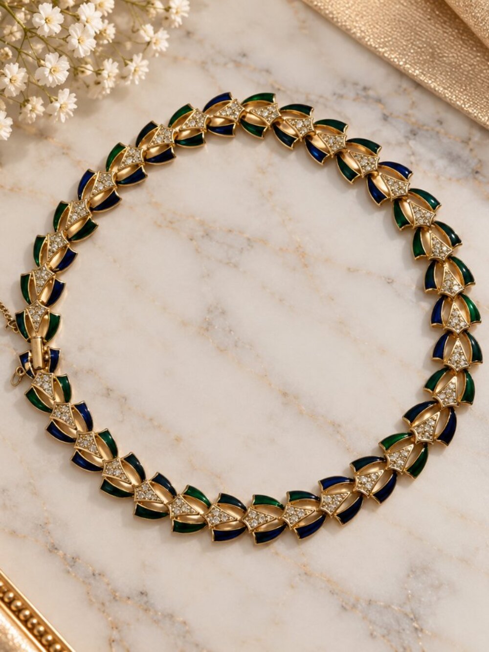 Vintage Enamel Rhinestone Chevron Statement Necklace